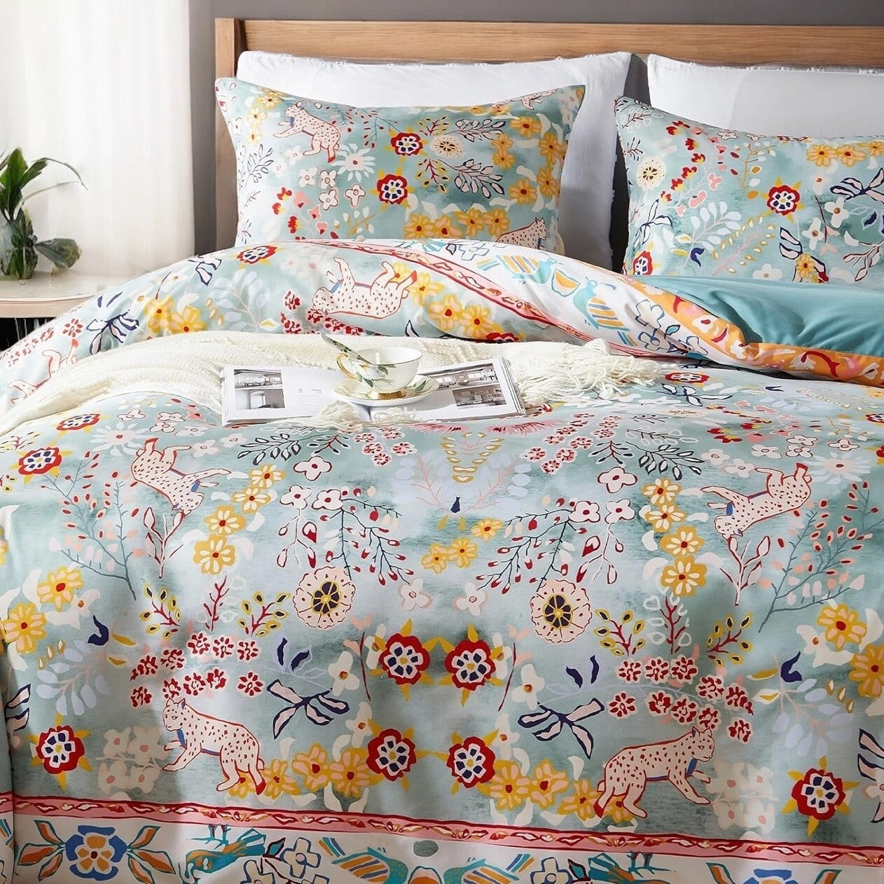NEW Anthro Blue Jungle Multicolor Boho Queen / King Bedding Duvet & Sham Case