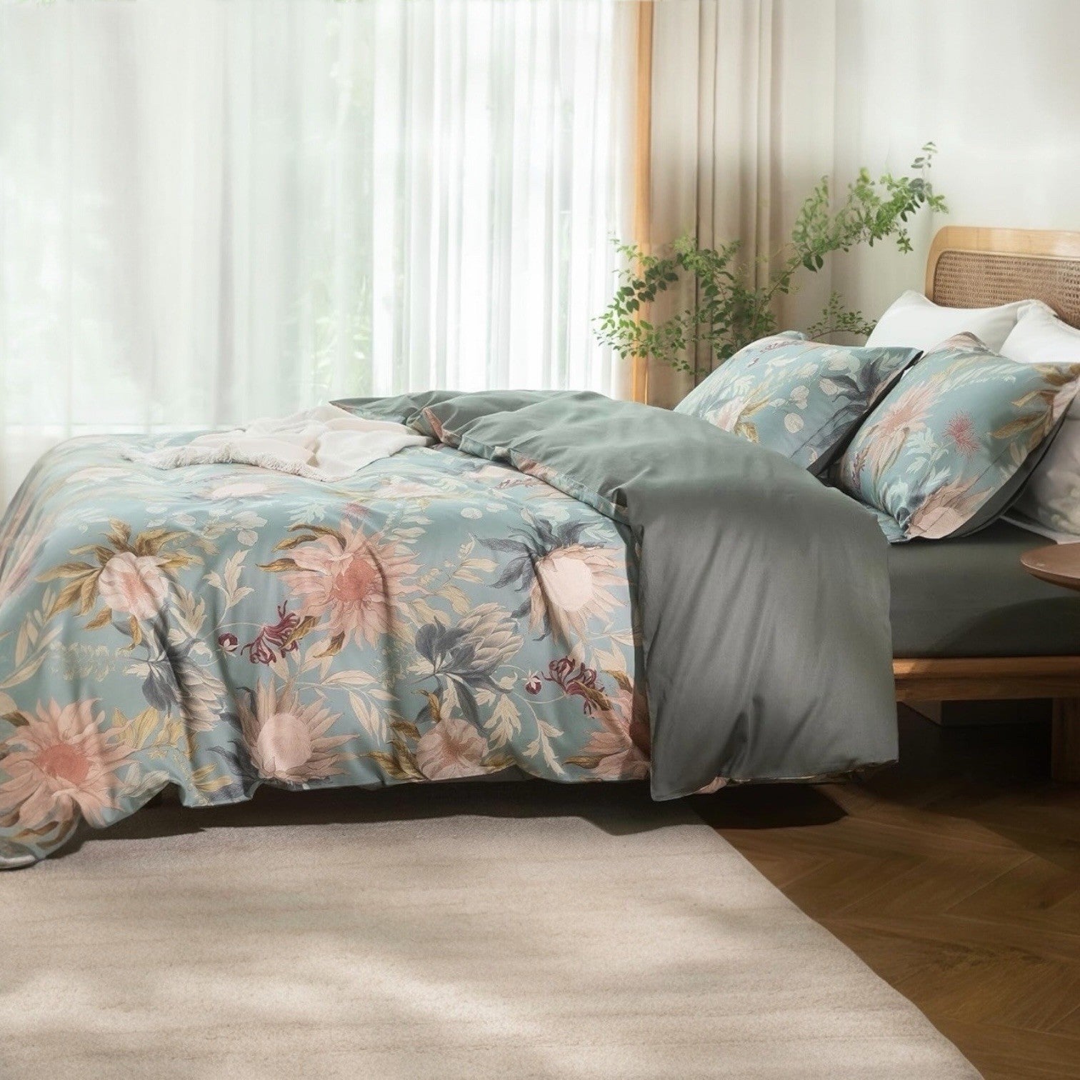 NEW Anthro Blue Floral Multicolor Full Queen King Cotton Bedding Duvet Sham Set