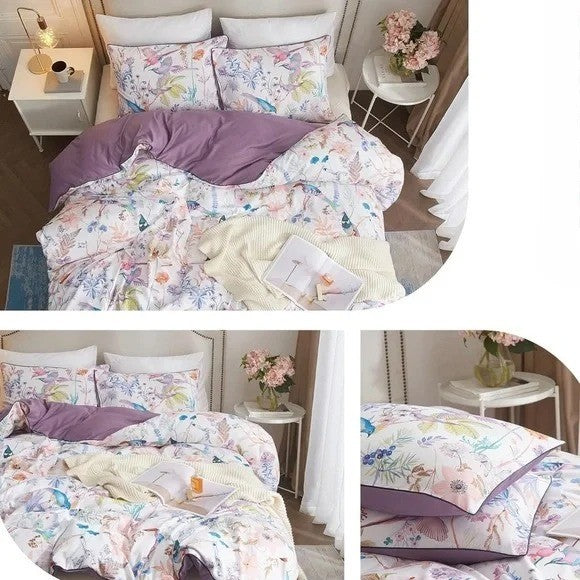 NEW Anthro Purple Floral Bird Boho Cotton Queen / King Bedding Duvet & Sham Set