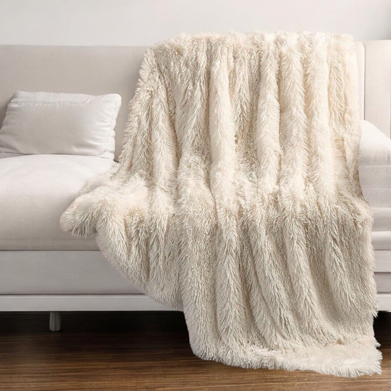 NEW West Elm Boho Beige Faux Fur Fuzzy Plush Throw Blanket Bedding - 50" x 60"