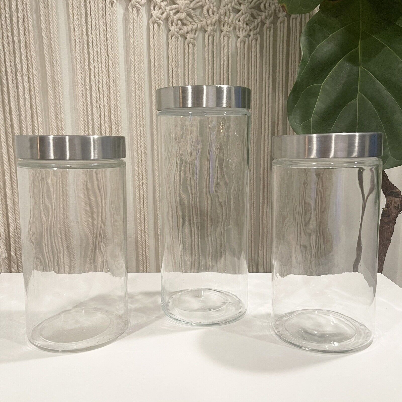 West Elm Set of Three Clear Glass & Aluminum Storage Jars Containers Canisters