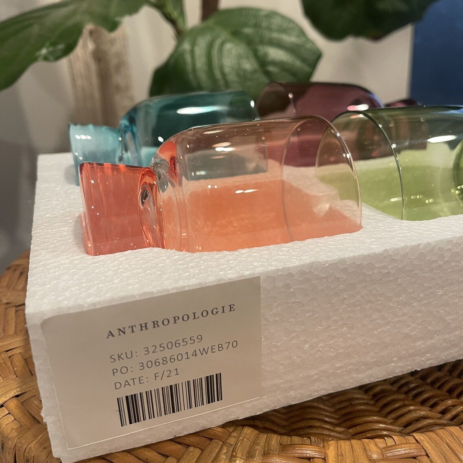 NEW Anthropologie Multicolor Crystal Glass Stemless Wine Glasses Tumblers Set 4