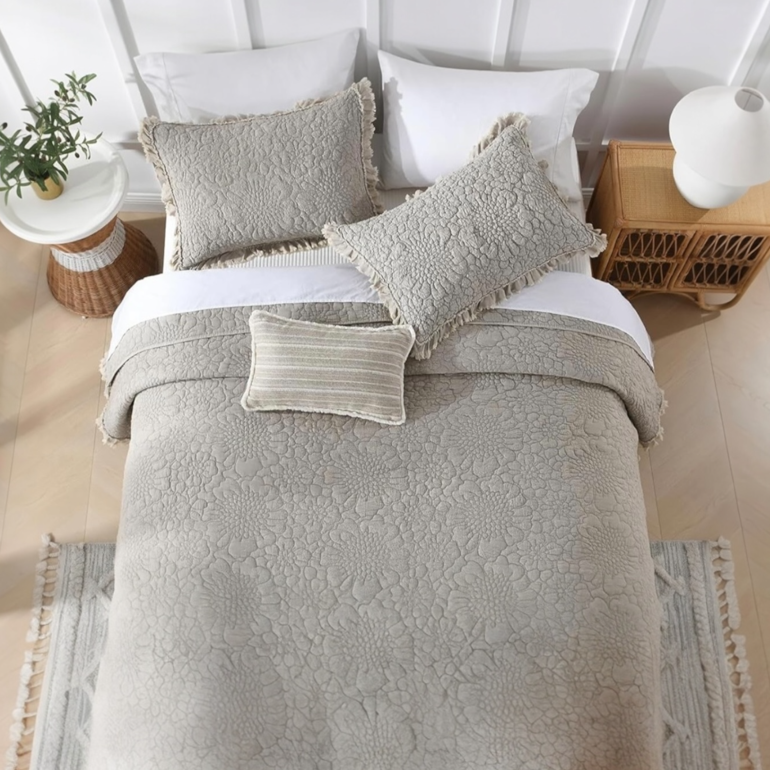 NEW Anthro Gray Beige Boho Ruffle Crinkle Queen / King Bedding Quilt & Sham Set