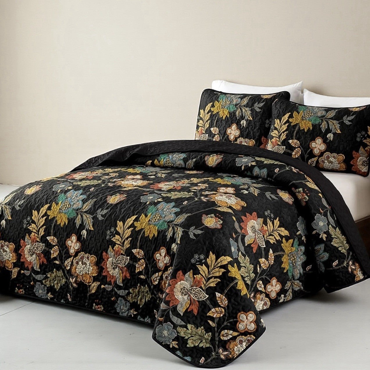NEW Anthro Black Floral Print Multicolor Boho Queen King Bedding Quilt Sham Set