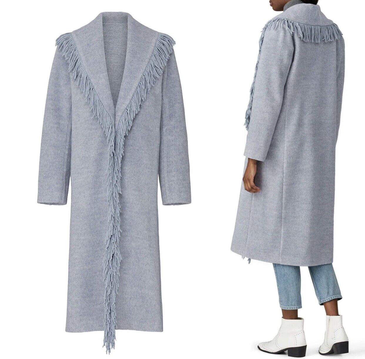 Line + Dot Linda Boho Fringe Woven Grey Pea Coat Jacket Trench - Size Large