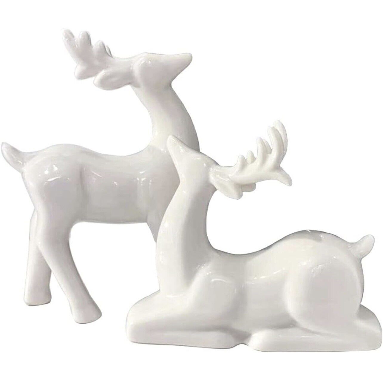 NEW Pottery Barn Modern White Ceramic Deer Holiday Christmas Figurines Set of 2