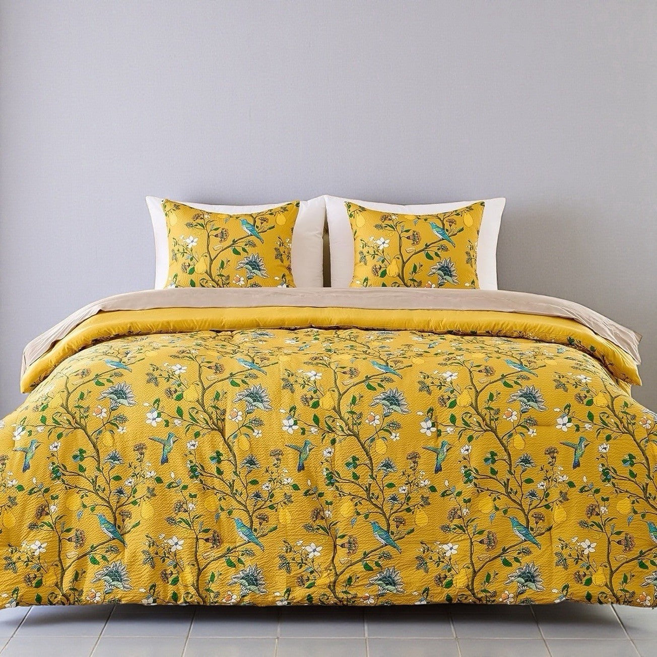 NEW Anthro Yellow Seersucker Floral Queen King Boho Comforter Bedding Sham Set