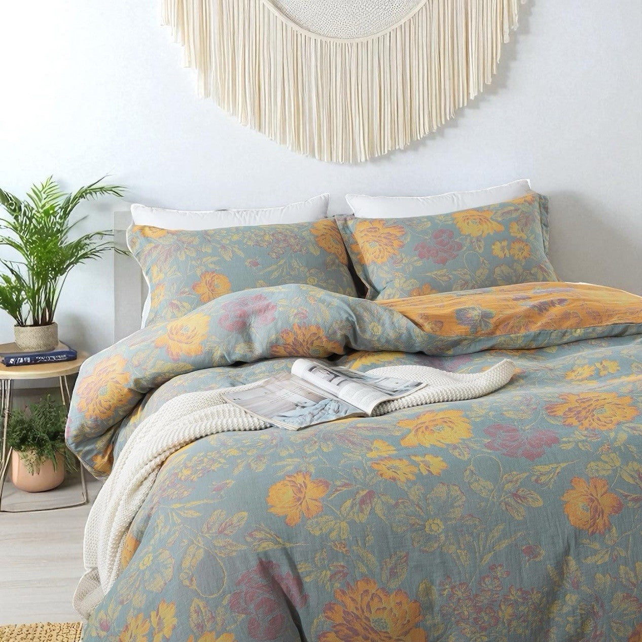 NEW Anthropologie Green Purple Floral Linen Queen / King Bedding Duvet Sham Set