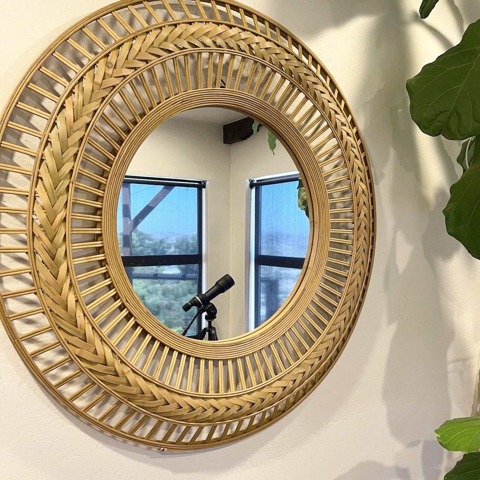 NEW West Elm Large Round Mirror Wicker Rattan Boho Wall Hanging Decor - 36” Diam