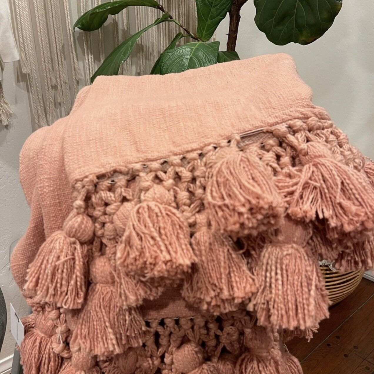 New Anthropologie Coral Pink Boho Tassel Macrame Knit Throw Blanket - 50" x 60"