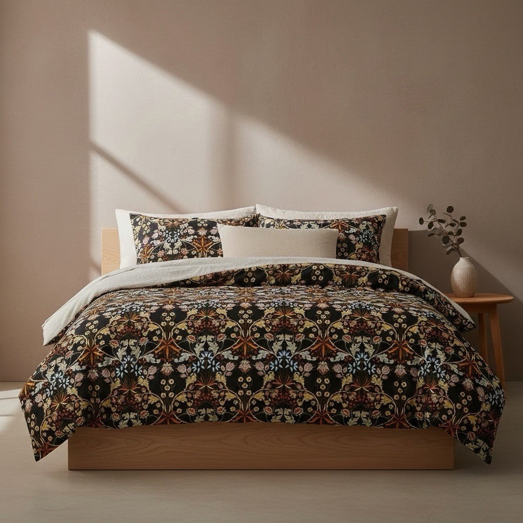 NEW Anthropologie Black Orange Floral Cotton Boho King Bedding Duvet & Sham Set