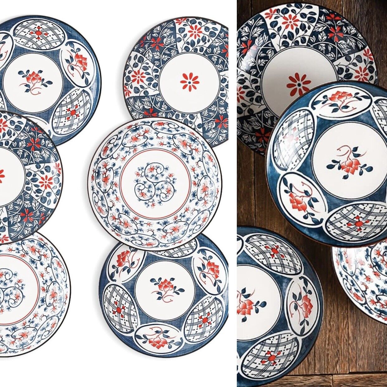 NEW West Elm (Set of 6) Blue Boho Ceramic Floral Dinnerware Salad Plates Set