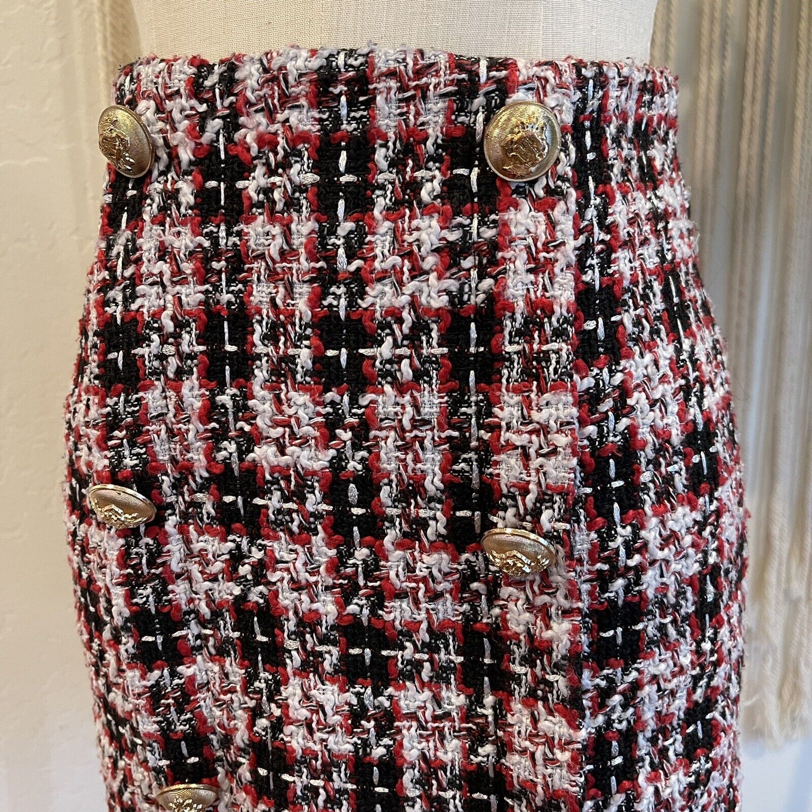 Lioness The South Bank Black & Red Woven Tweed Mini Skirt Gold Buttons - Small