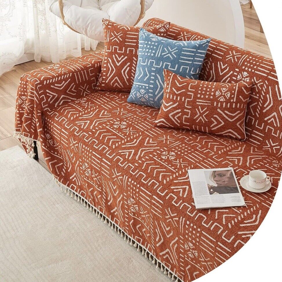 NEW Anthropologie XL Reversible Orange Abstract Tassel Couch Blanket 70" x 118"