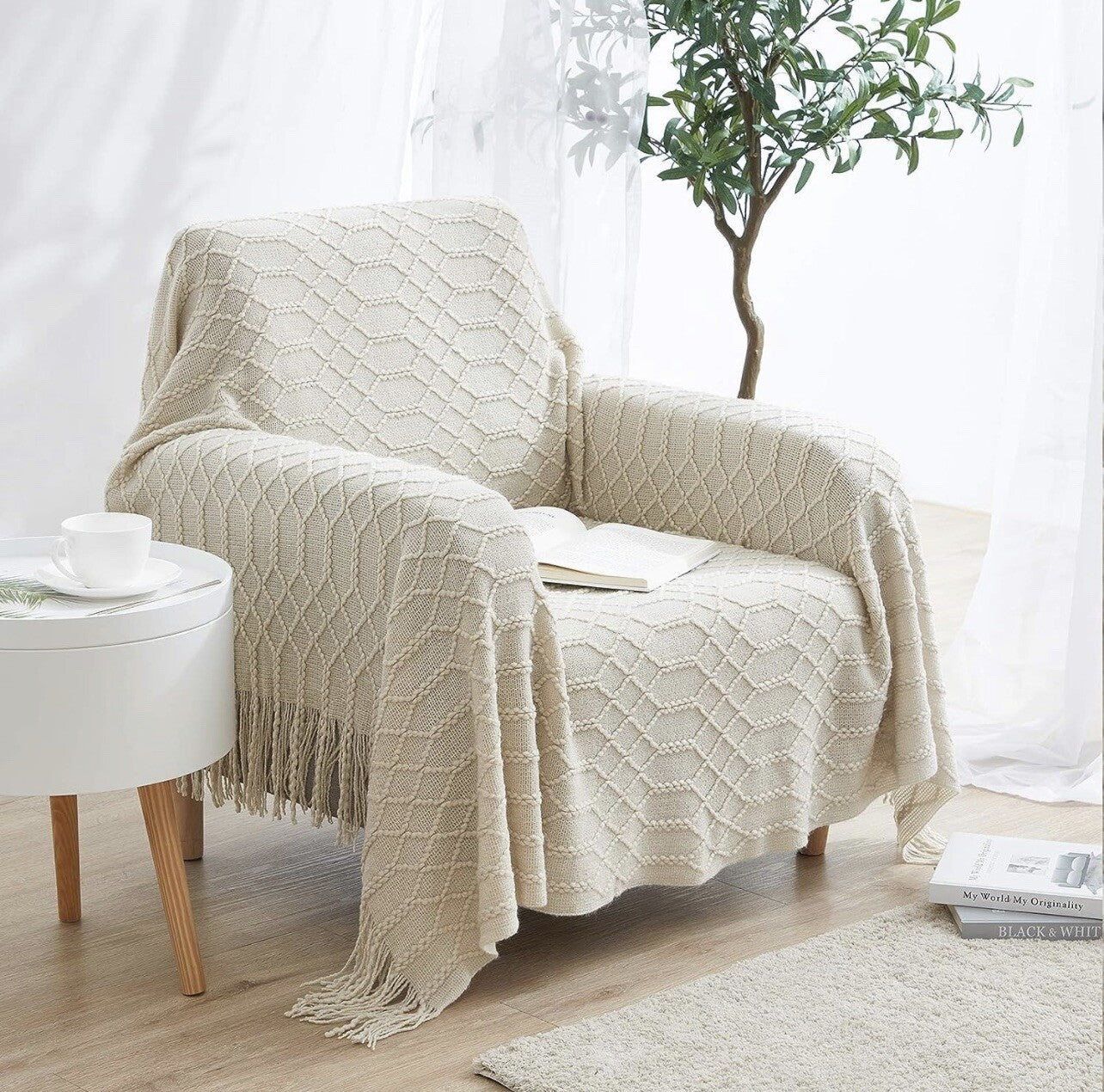 New Anthro White Boho Tassel Fringe Pom Pom Knit Throw Blanket 60" x 80"