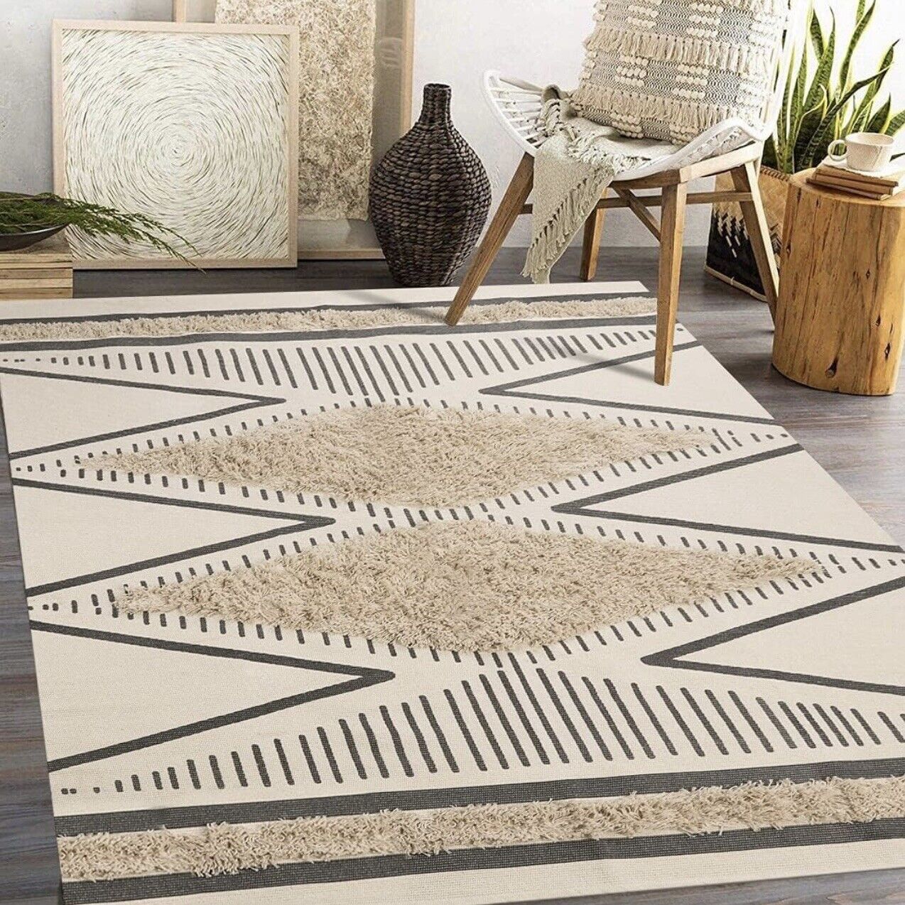 NEW West Elm White Cream Boho Tassel Geometric Indoor Outdoor Area Rug - 4' x 6'