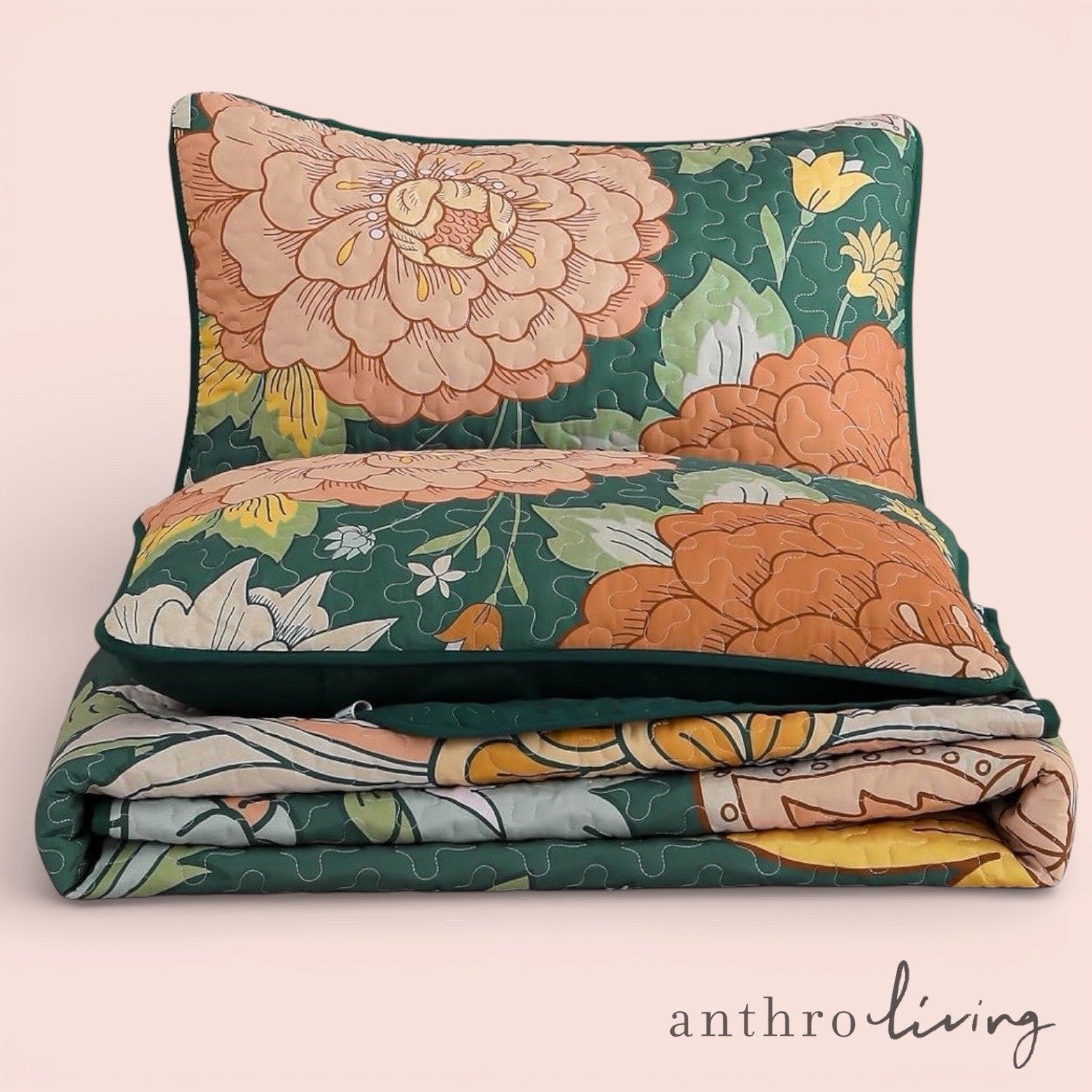 NEW Anthro Large Floral Print Multicolor Boho Queen King Bedding Quilt Sham Set