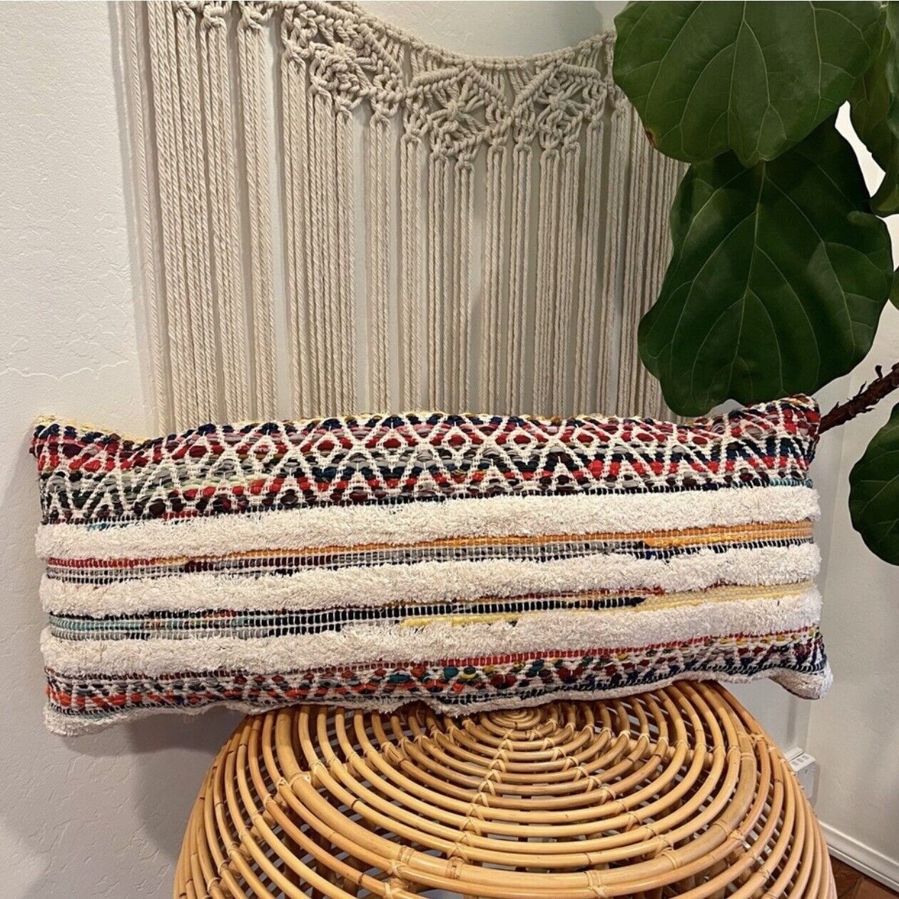 New Anthropologie Boho Lumbar Colorful Woven Tassel Long Throw Pillow 14" x 36"