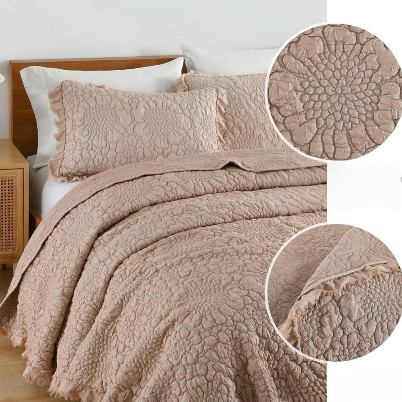 NEW Anthro Dusty Pink Boho Ruffle Crinkle Queen / King Bedding Quilt & Sham Set