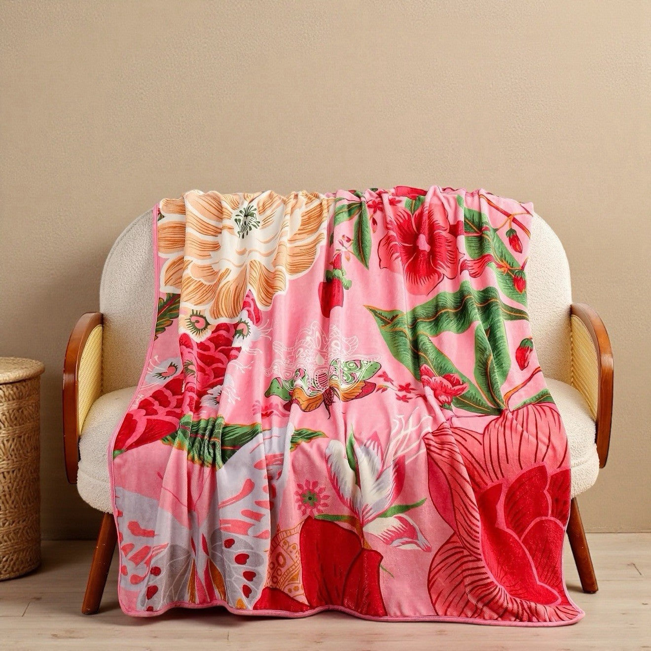 NEW Anthropologie XL Queen Boho Red Floral Fleece Throw Blanket Bedspread 90x90