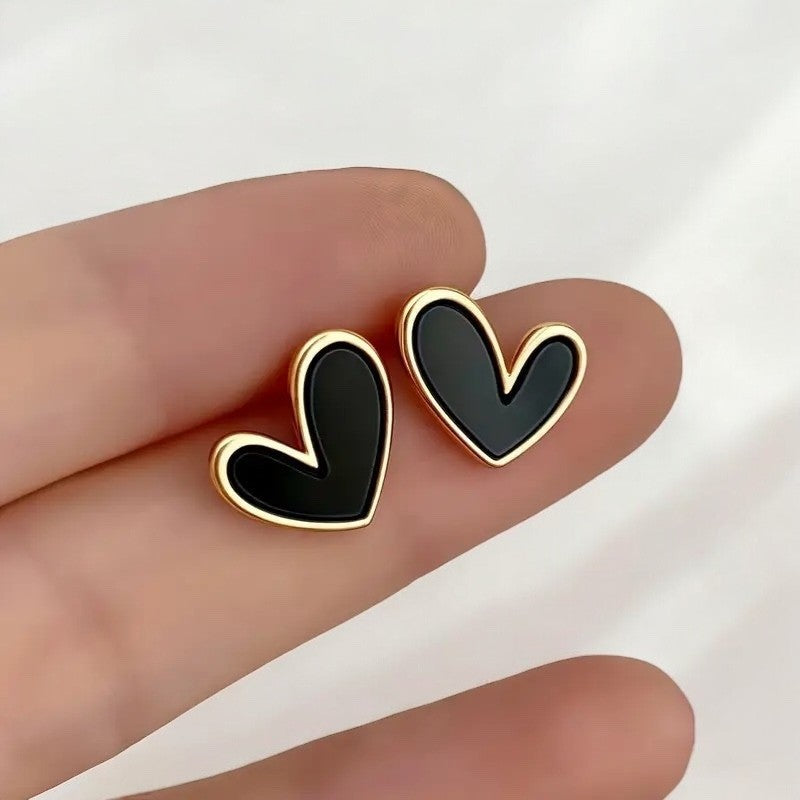 NEW Anthropologie Black & Gold Plated Boho Heart Stud Abstract Earrings Jewelry