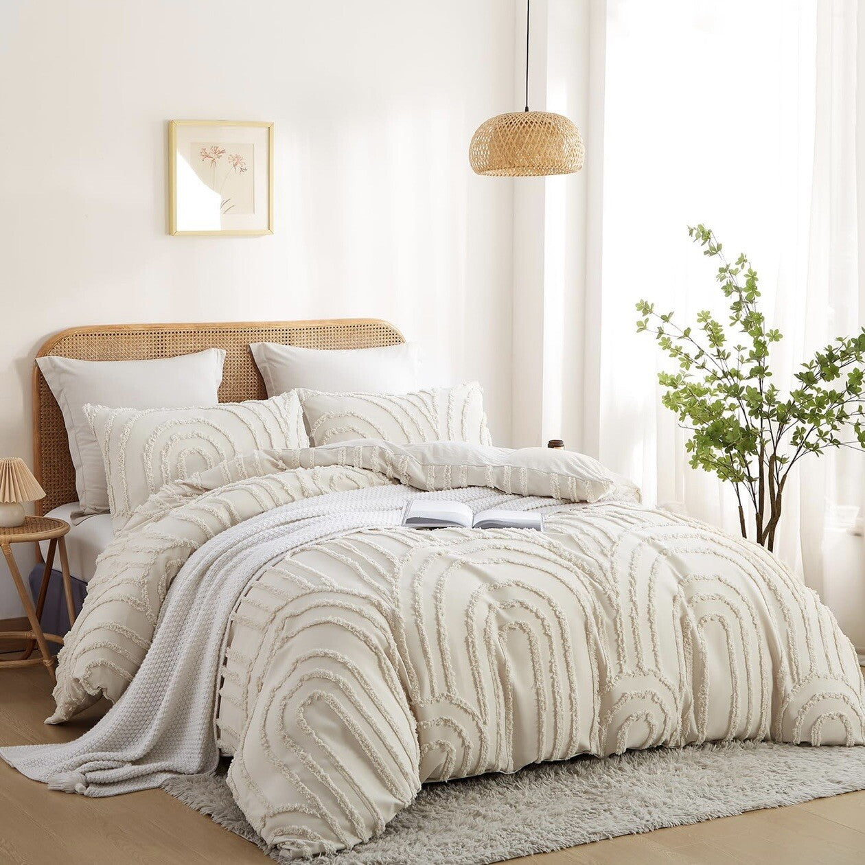 NEW Anthro Beige Boho Queen Size Tufted Abstract Bedding Comforter & Sham Set