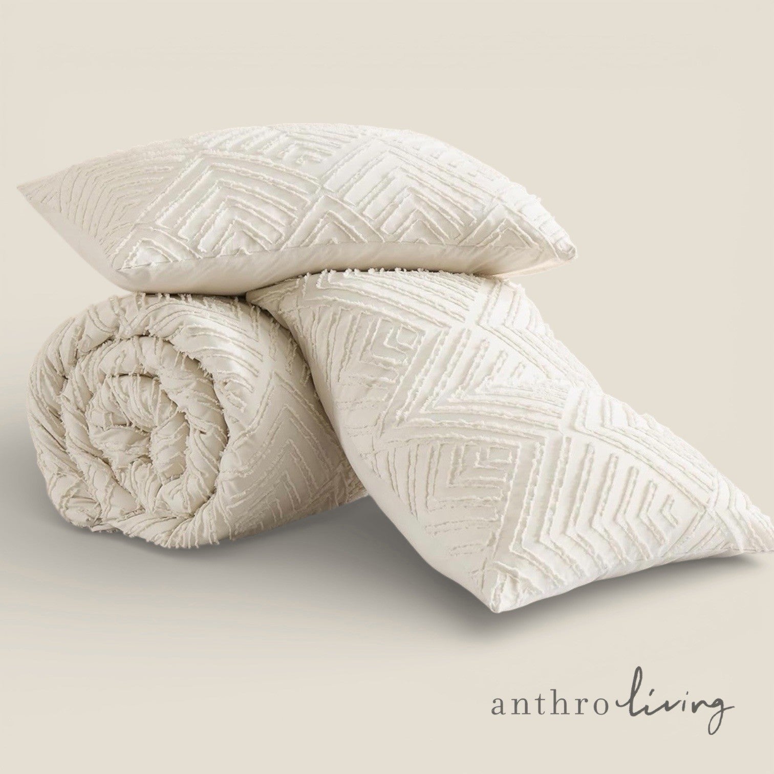NEW Anthro Beige Diamond Tufted Queen / King Boho Comforter Bedding & Sham Set