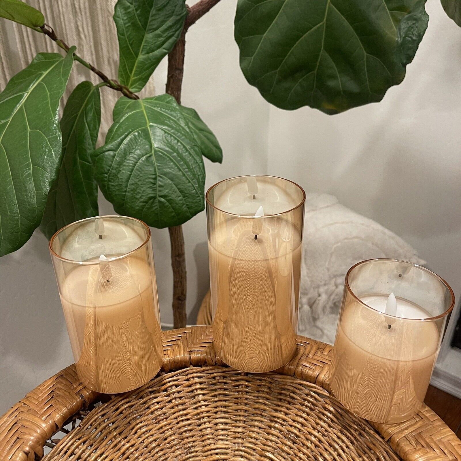 NEW West Elm Gold Iridescent Glass Wax Battery Remote Flameless Candles Set of 3