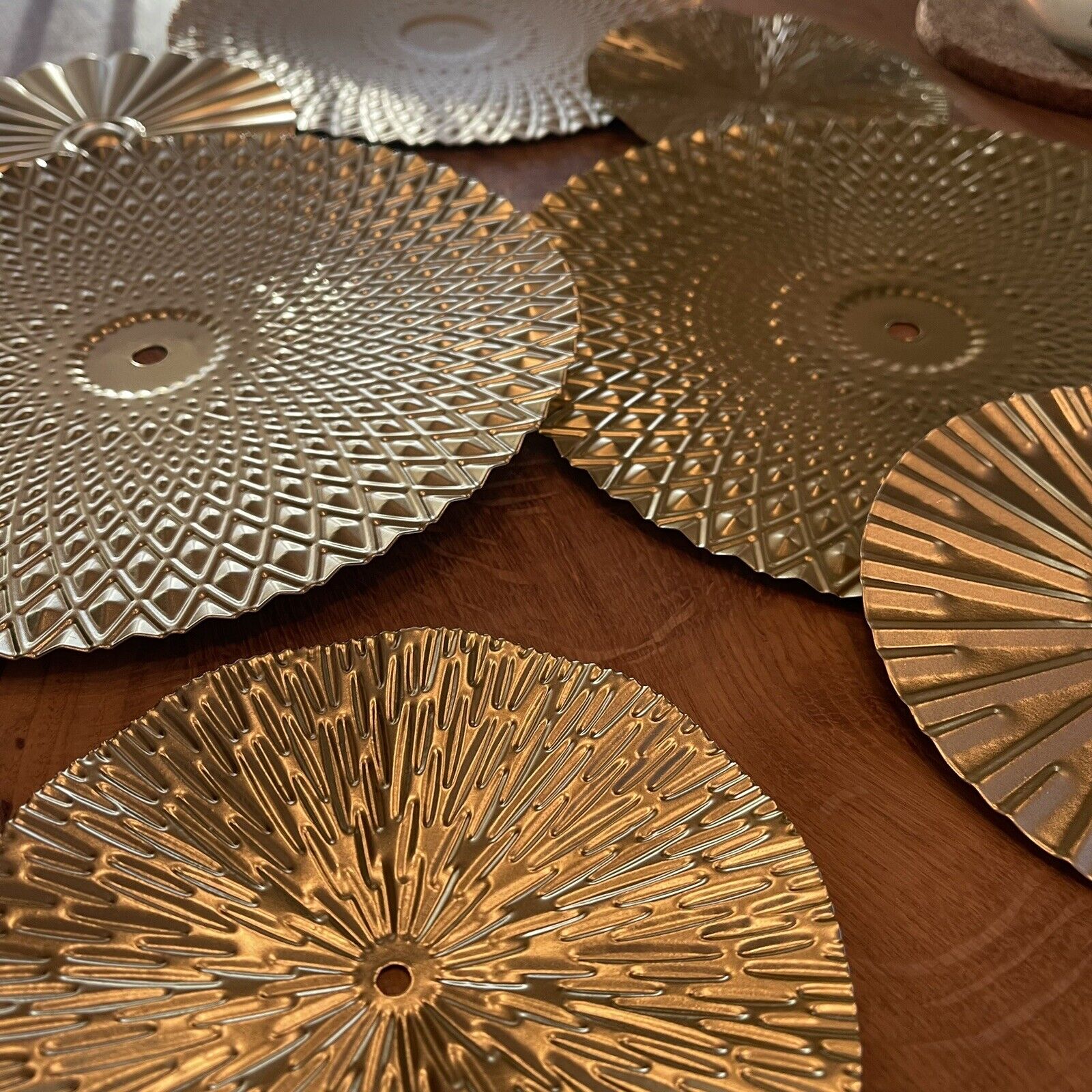 NEW West Elm XL Gold Boho Metal Abstract Wall Hanging Baskets Plates - Set of 7