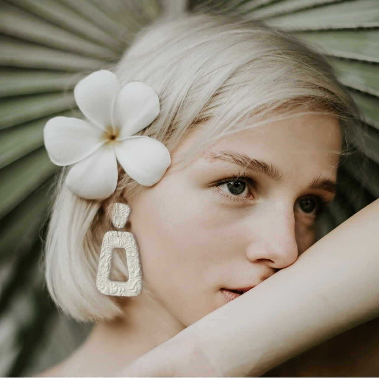 NEW Anthropologie Boho White Clay & Gold Geometric Statement Earrings Jewelry