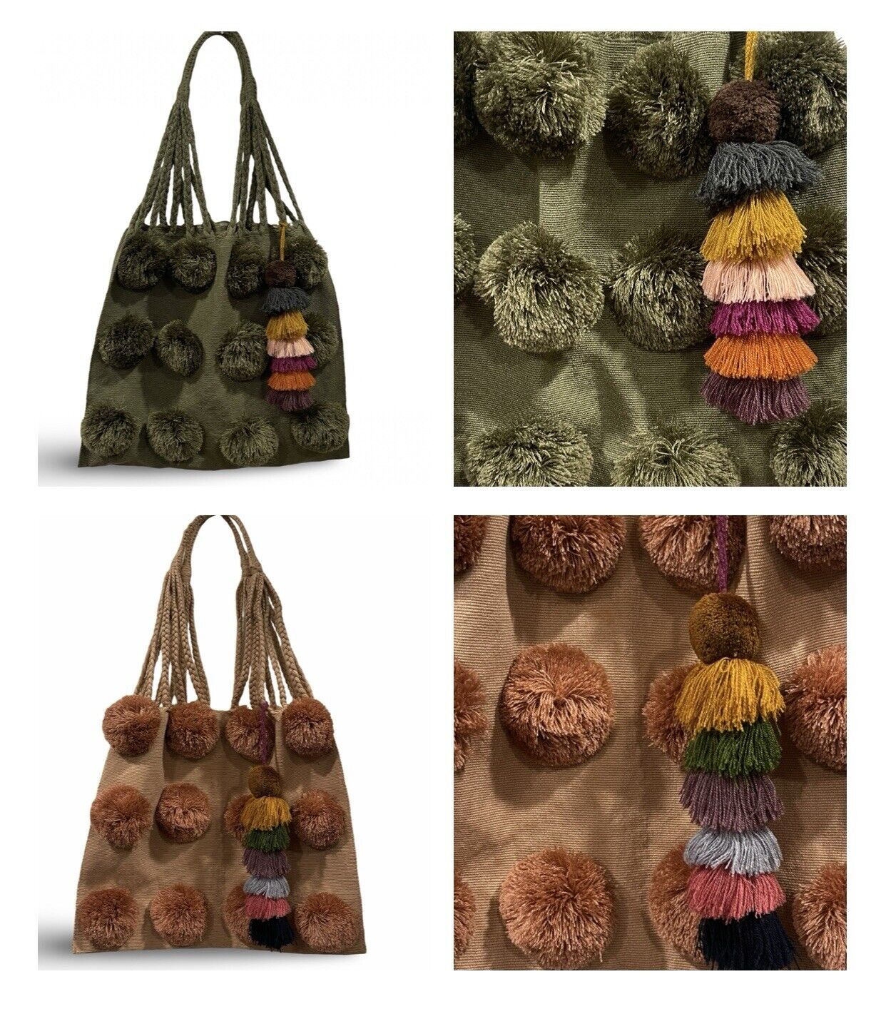 NEW Boho Multicolor Tote Bags - Tassel Pom Pom Woven Shoulder Purse with Strap