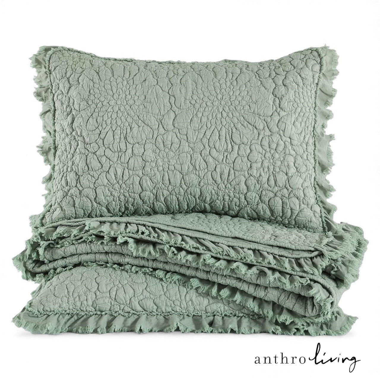 NEW Anthro Sage Green Boho Ruffle Crinkle Queen / King Bedding Quilt & Sham Set