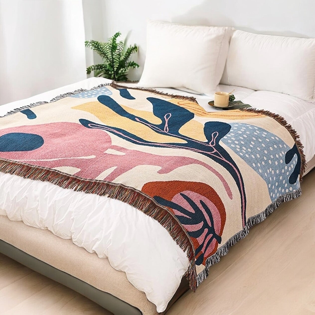 NEW Anthro Boho Abstract Retro Tassel Throw Blanket Bedspread Quilt - 63" x 51"