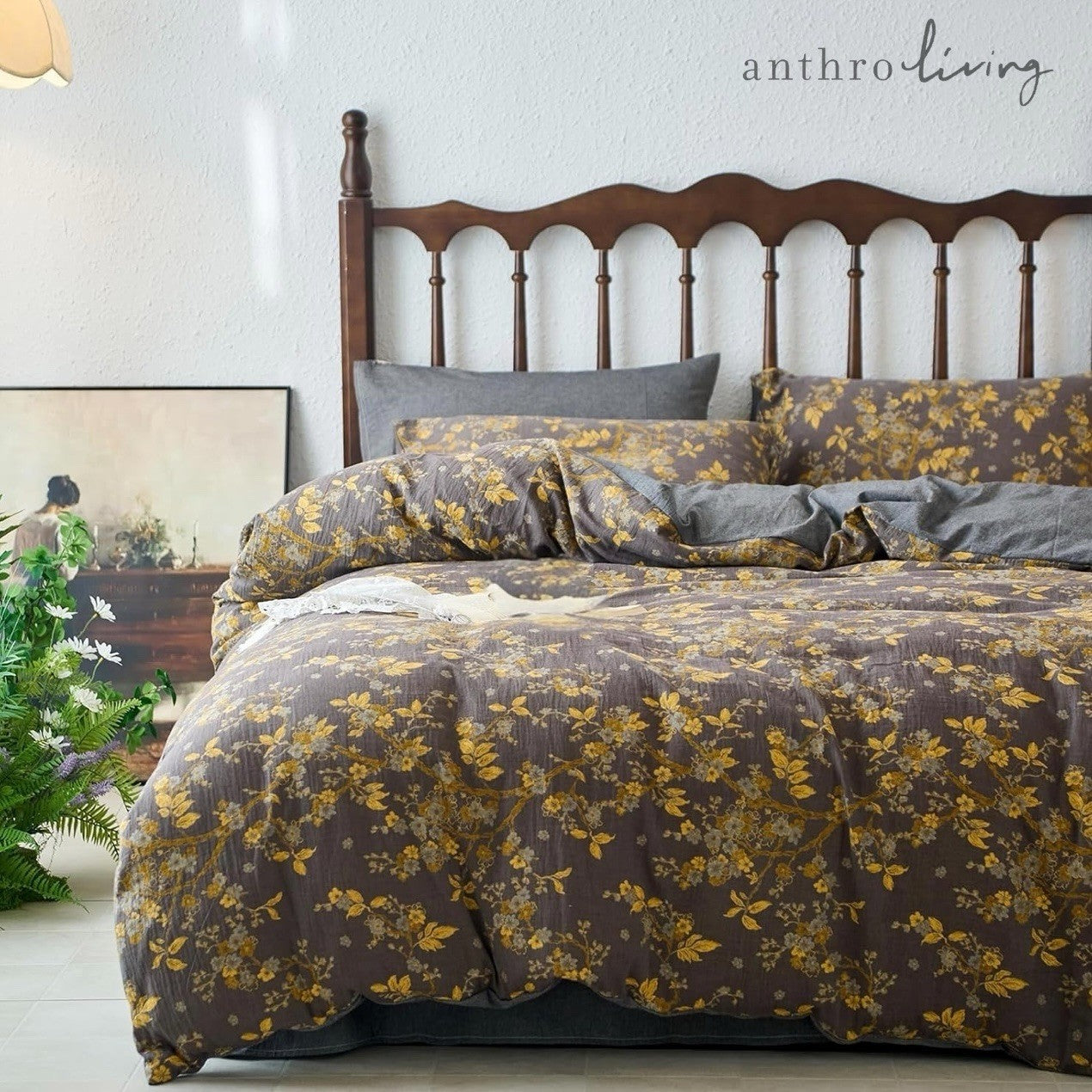 NEW Anthro Gold Jacquard 100% Cotton Reversible Boho King Bedding Duvet Sham Set