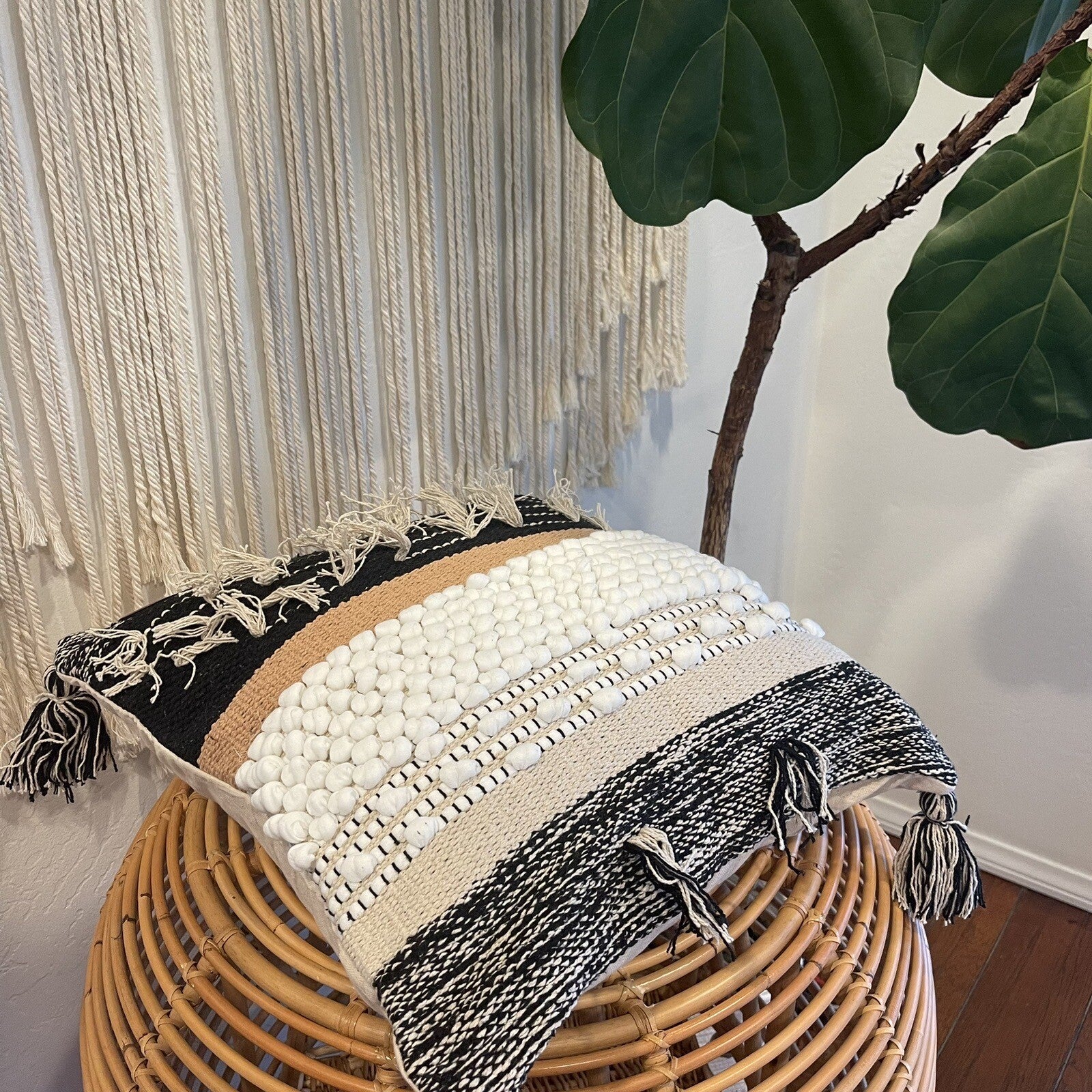 NEW West Elm Boho Pom Pom Tassel Throw Pillow Case Cover Sham - 18" x 18"