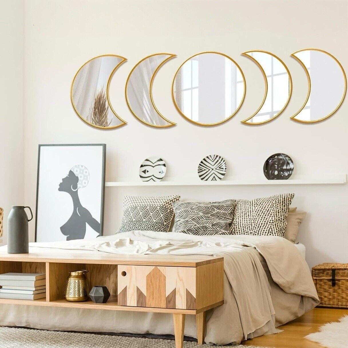 NEW Anthropologie (5 Piece) Boho Gold Moon Phase Mirror Hanging Wall Decor Set