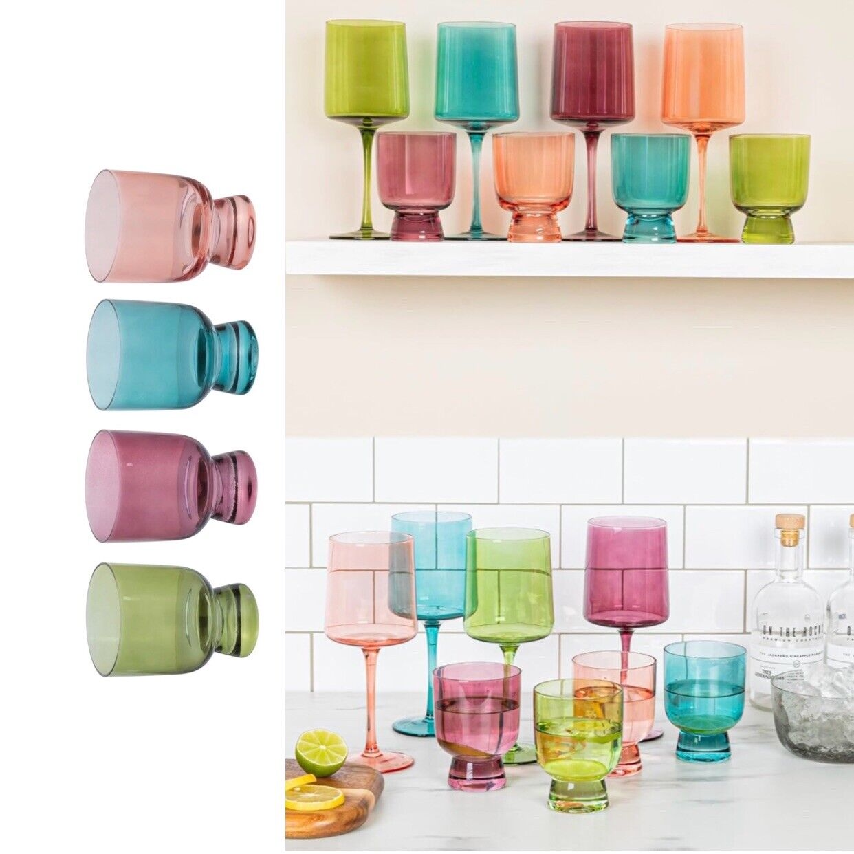 NEW Anthropologie Multicolor Crystal Glass Stemless Wine Glasses Tumblers Set 4