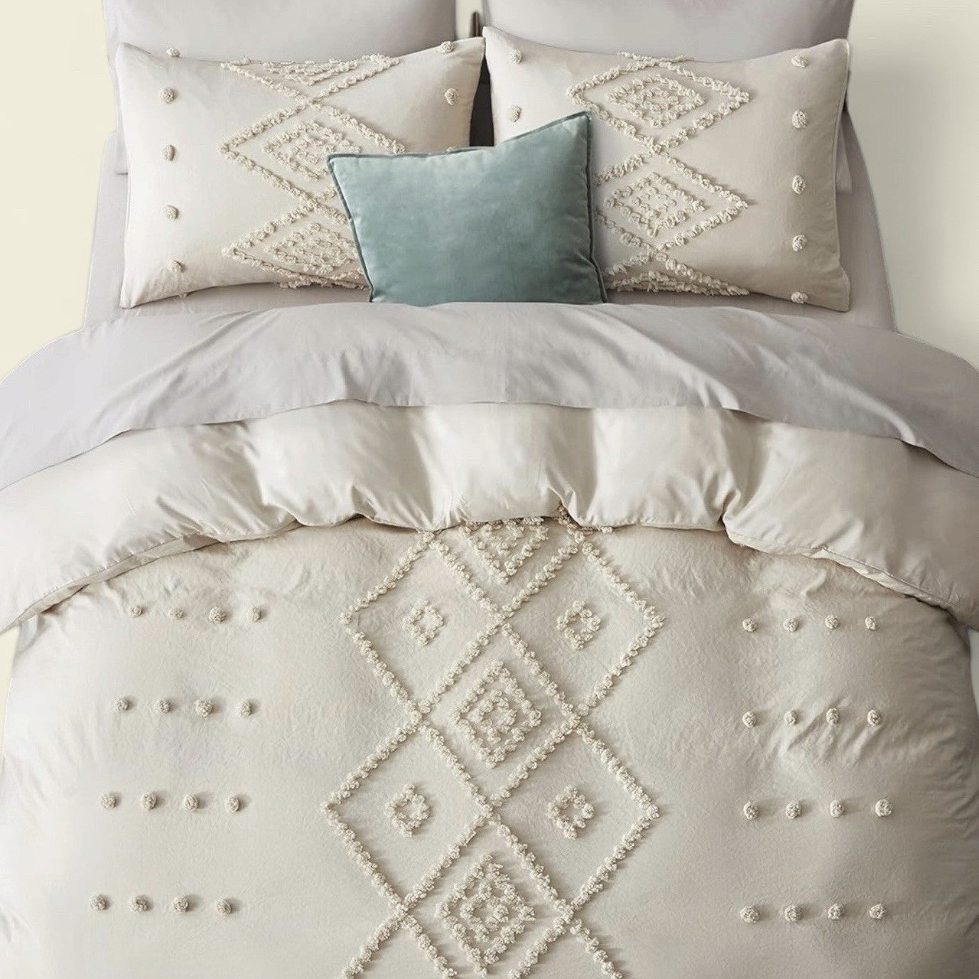 NEW Anthro Beige Cream Boho Queen / King Size Tufted Fringe Bedding Duvet & Sham