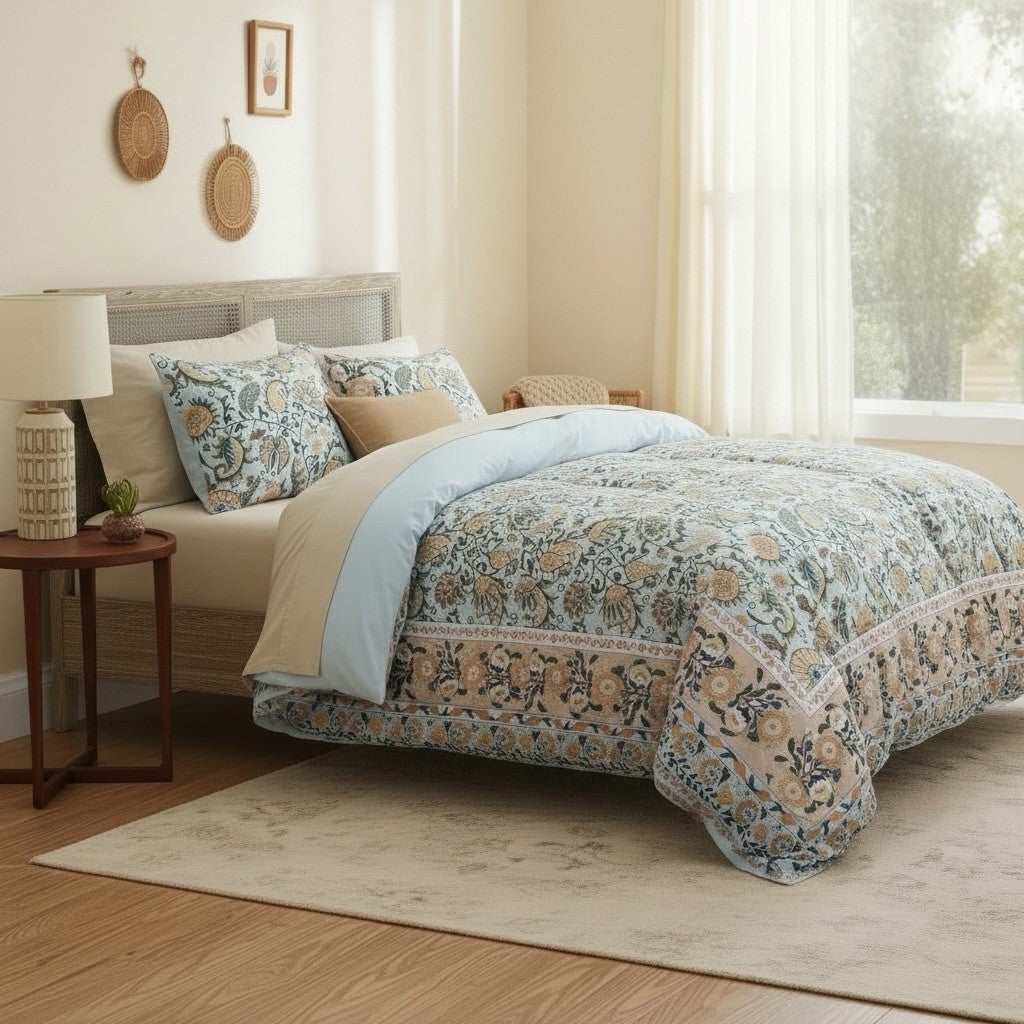 NEW Anthropologie Blue Floral Boho Cotton Queen / King Bedding Duvet & Sham Set