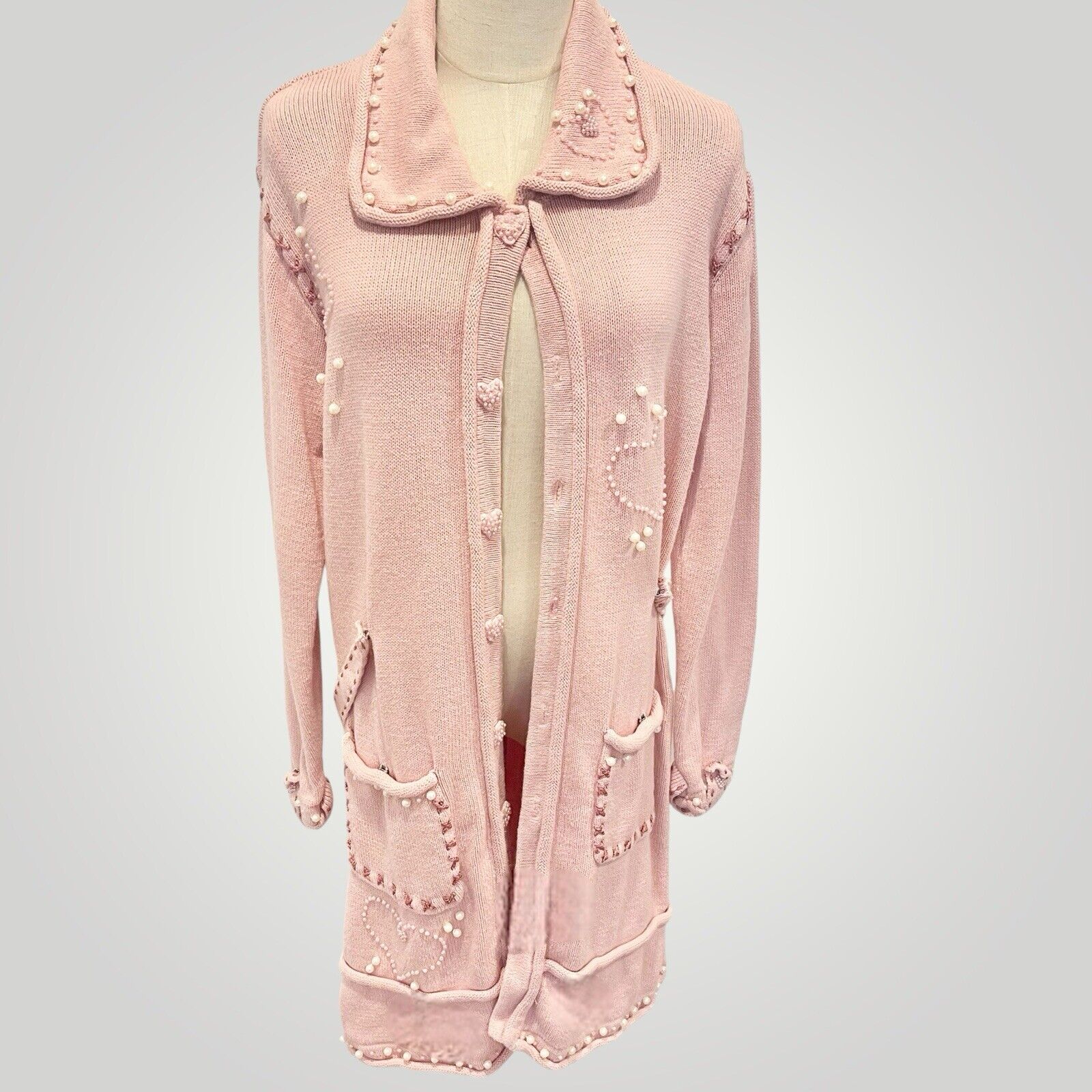 Vintage Storybook Knits Pink Heart Embroidered Pearl Sweater Duster - Medium