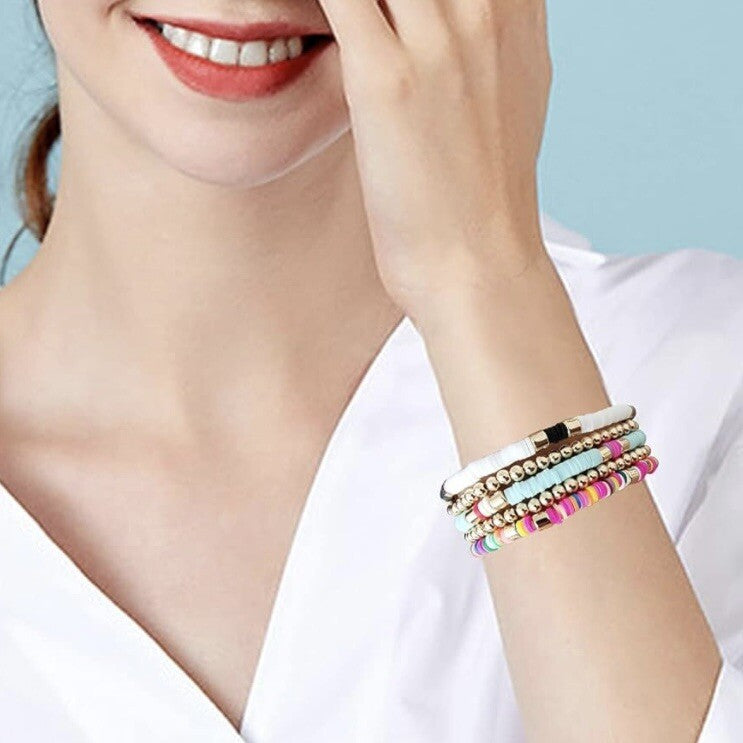 NEW Anthropologie Neon & Gold Beaded Boho Stacking Stretch Bracelets Jewelry Set