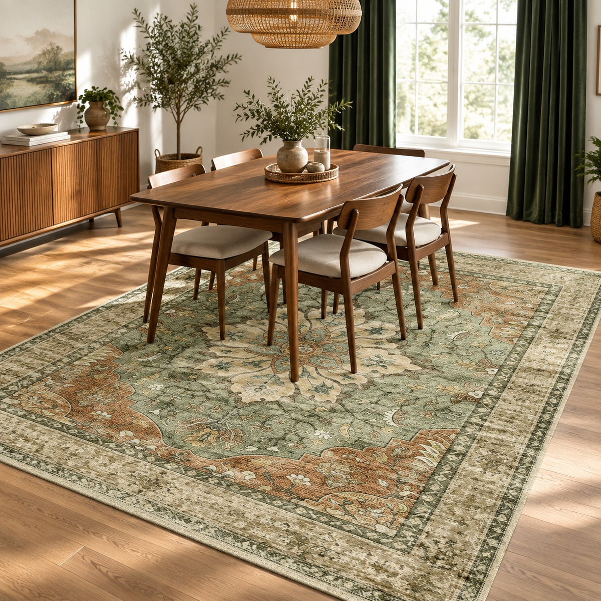 NEW West Elm Green Moroccan Boho Floral Washable Area Rug Carpet - 5' x 7'