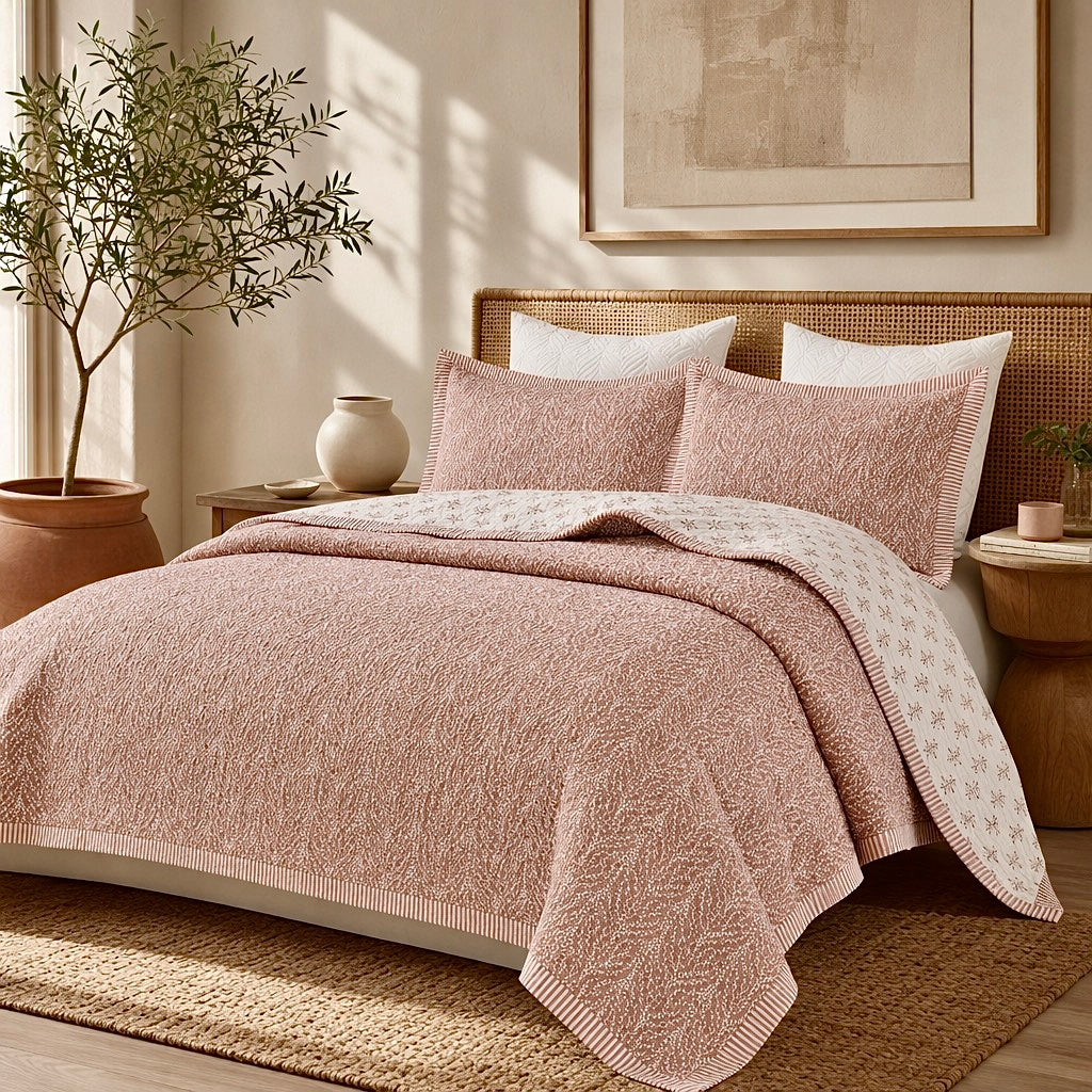 NEW West Elm Blush Botanical Pattern Cotton Queen King Bedding Quilt & Sham Set