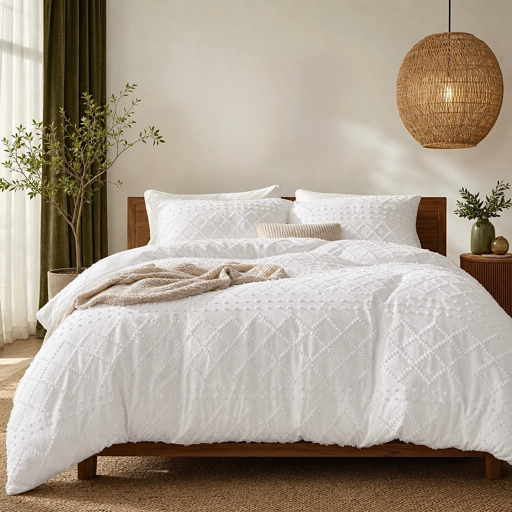 NEW Anthropologie White Queen / King Embroidered Tassel Bedspread Duvet Sham Set
