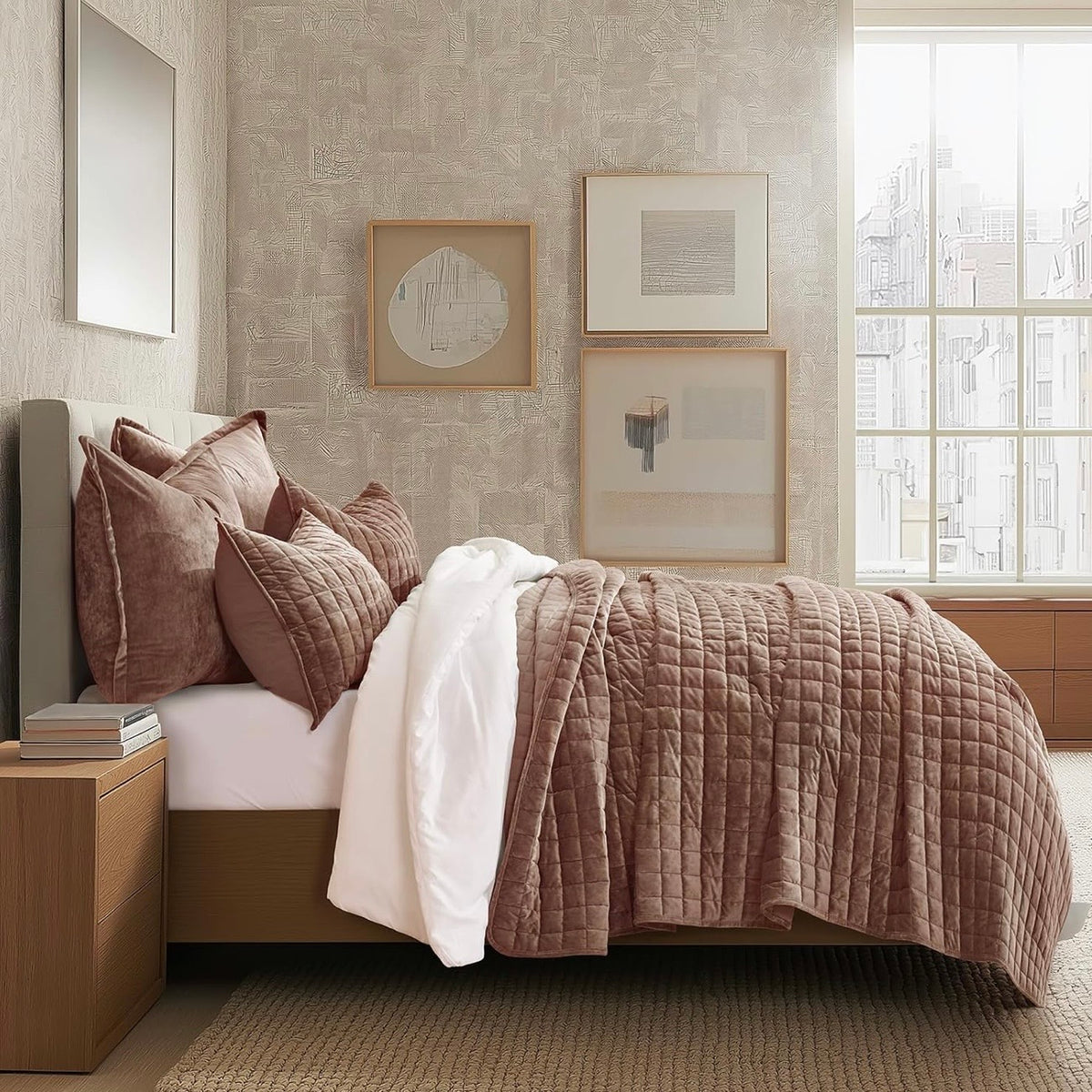NEW West Elm Terracotta Velvet King / Queen Ultra Soft Bedding Quilt & Sham Set
