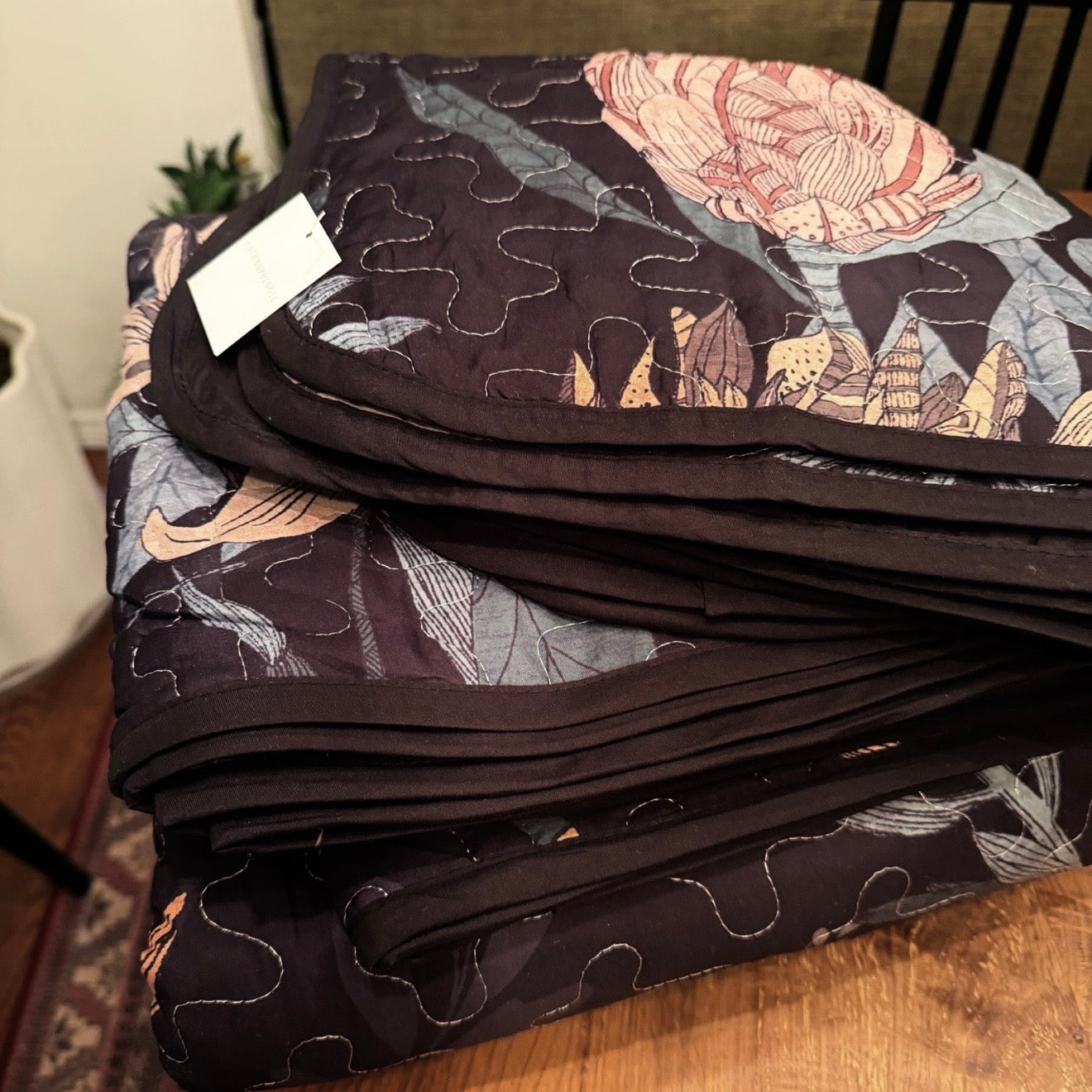 NEW Anthro Queen / King Black Reversible Boho Quilt Bedspread Bedding & Sham Set