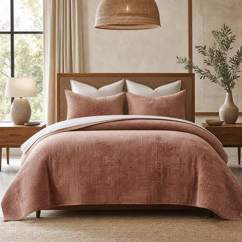 NEW West Elm Velvet Terracotta Clay Queen / King Bedding Comforter & Sham Set