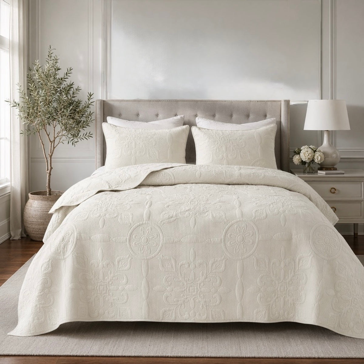 NEW Anthropologie White Cream Boho Jacquard Queen / King Bedding Quilt Sham Set
