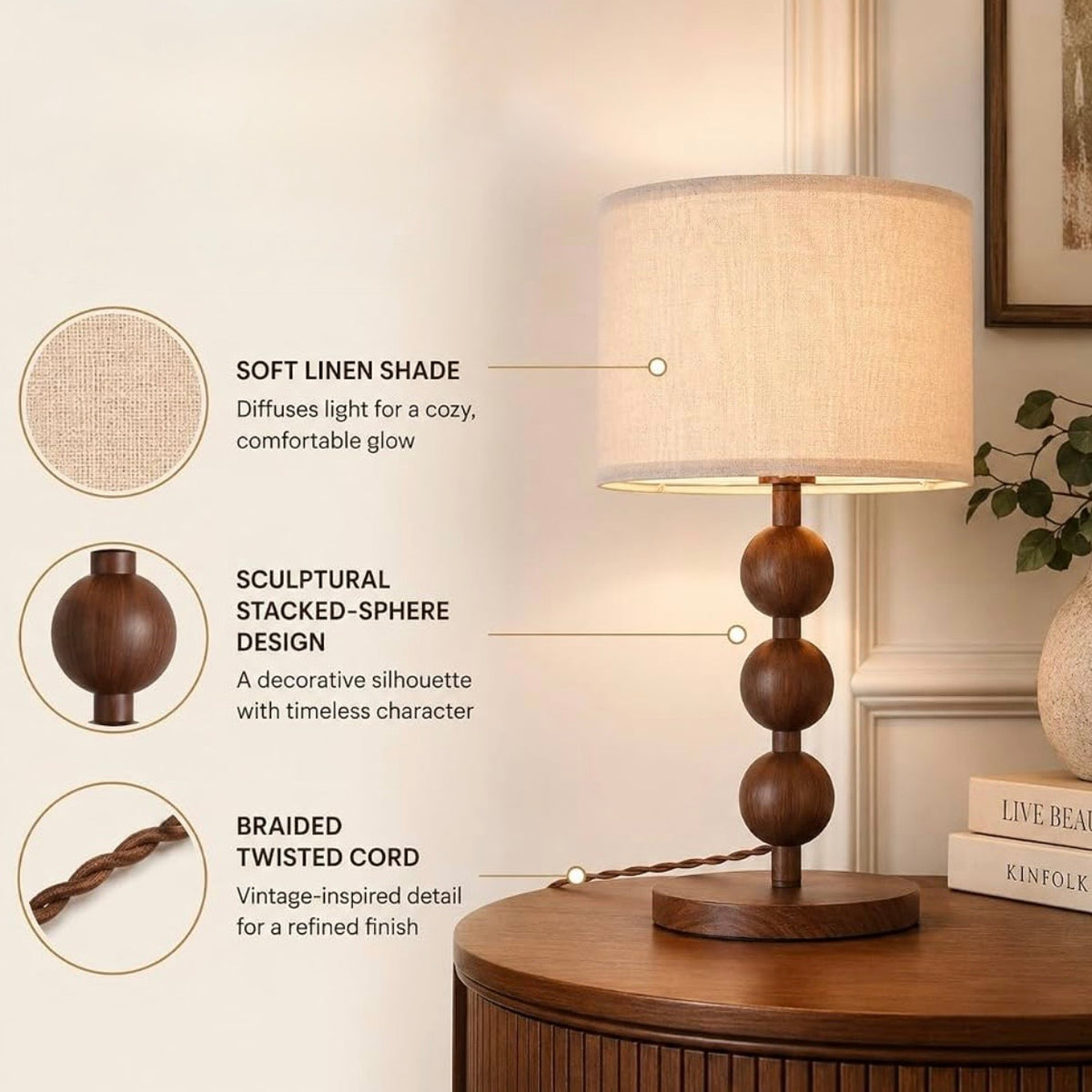 NEW Anthropologie Set of 2 Vintage Wood Ball Retro Boho Table Lamps Lighting 20"