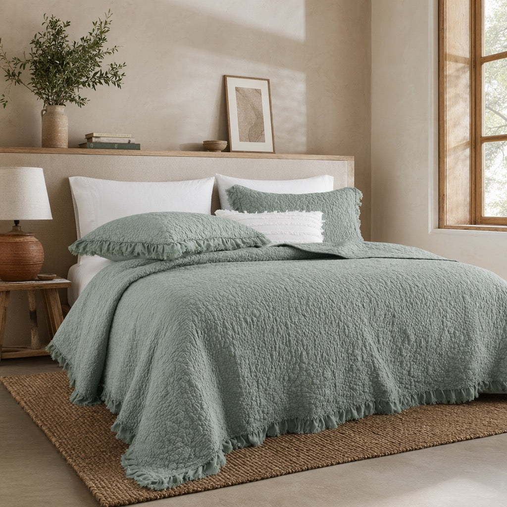 NEW Anthro Sage Green Boho Ruffle Crinkle Queen / King Bedding Quilt & Sham Set